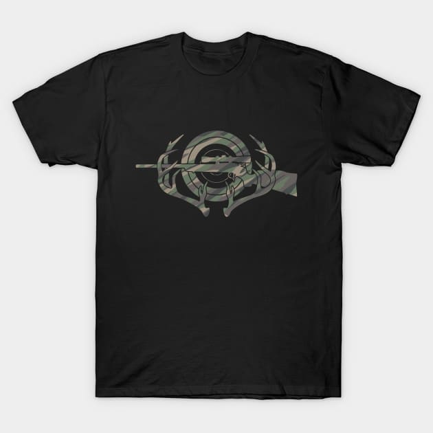 Camouflage Hunting and Shooting Sports Logo with Rifle, Buck Horns and Target T-Shirt by hobrath